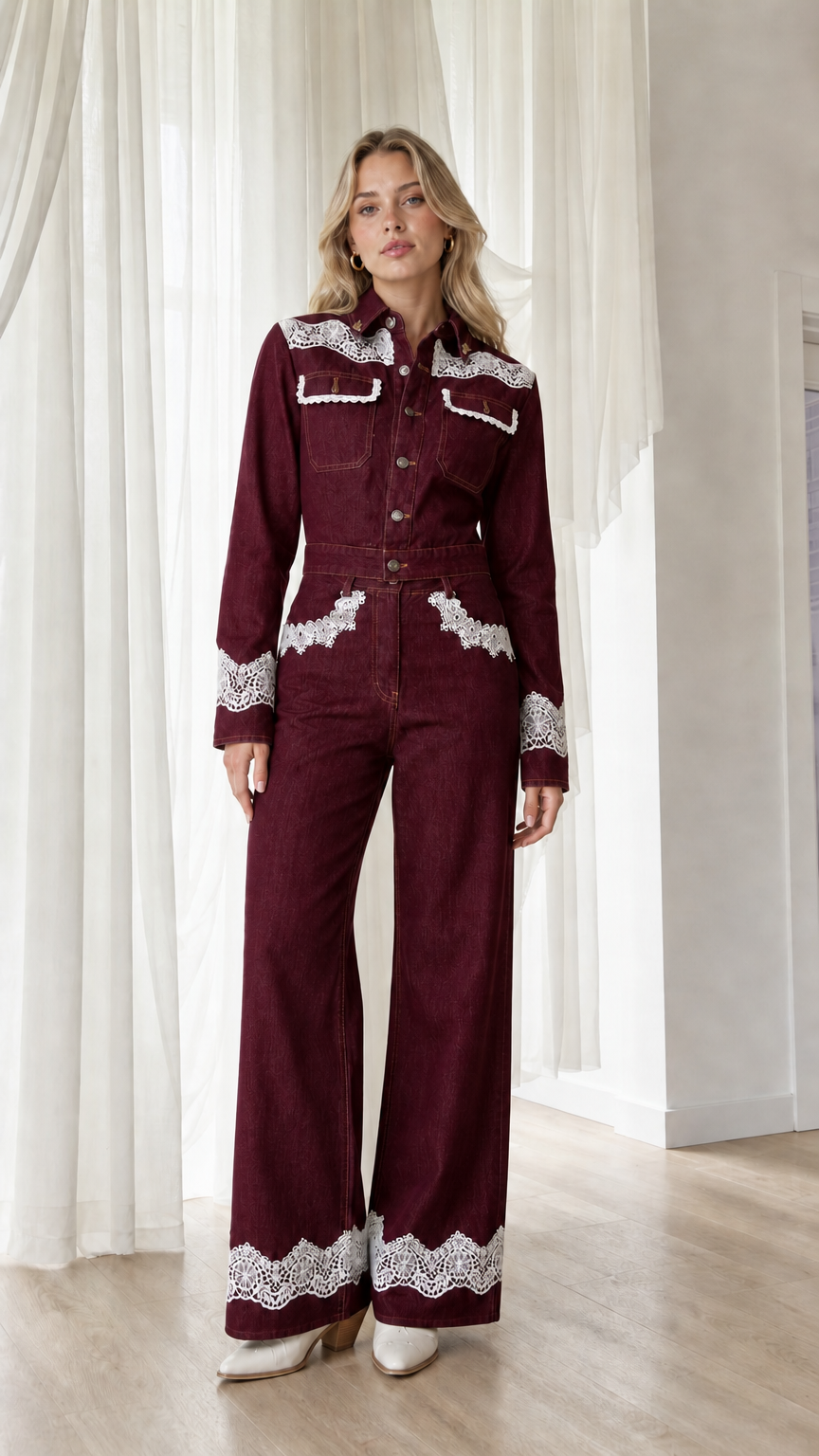 Model wearing burgundy western lace trim denim jumpsuit