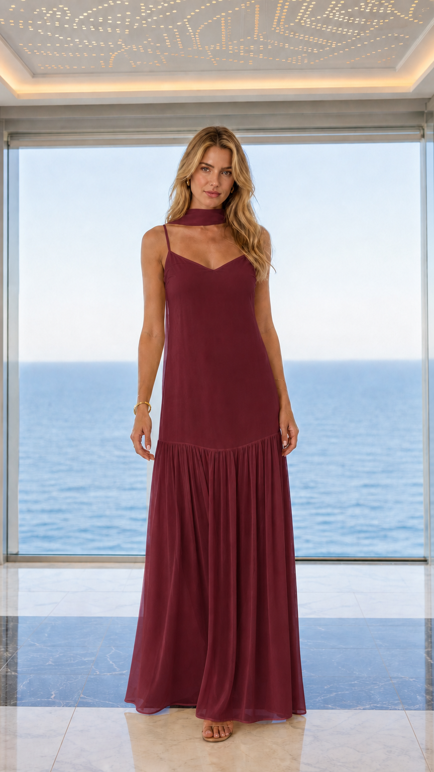 Front view of burgundy choker maxi dress