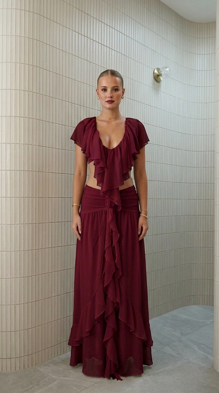 Front view of model wearing burgundy ruffled two-piece maxi set