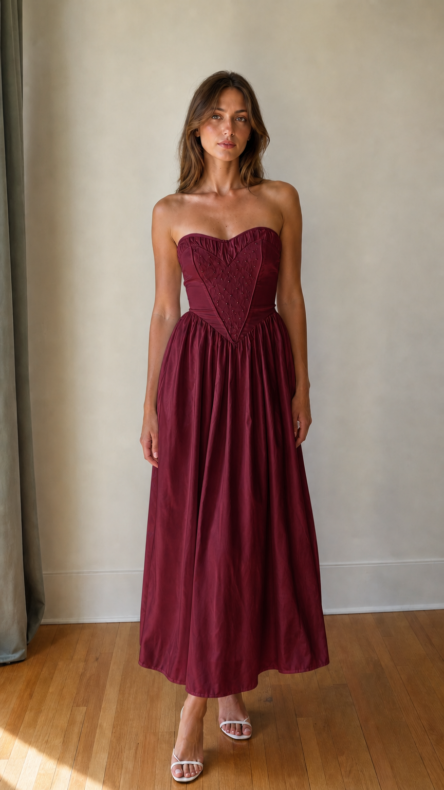 Front view of Burgundy strapless maxi dress