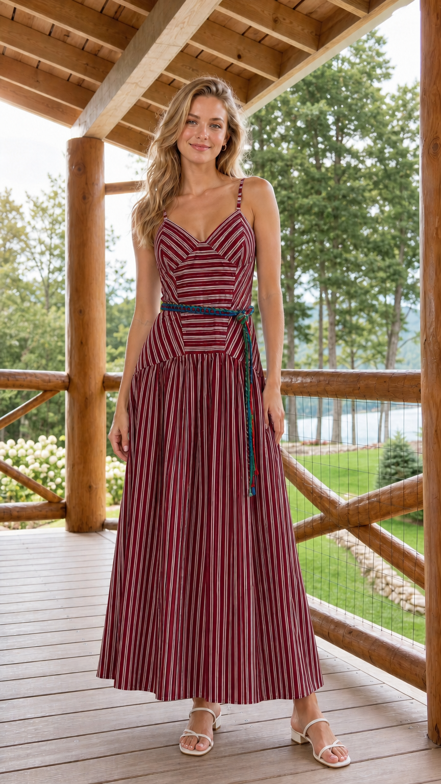 Woman wearing burgundy striped cami maxi dress