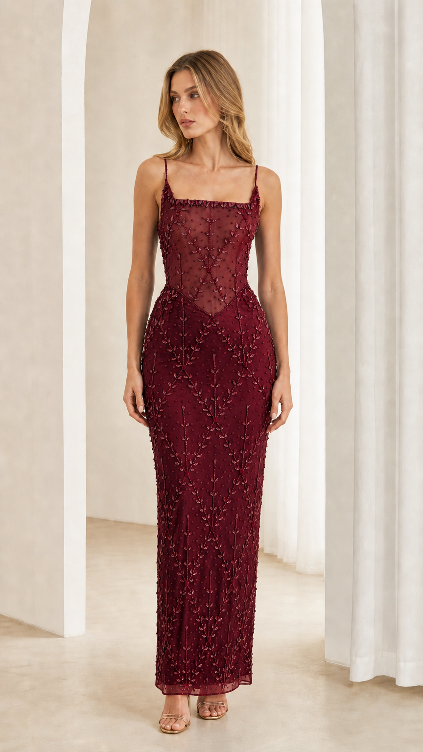 Front view of model wearing Burgundy wine beaded corset evening dress