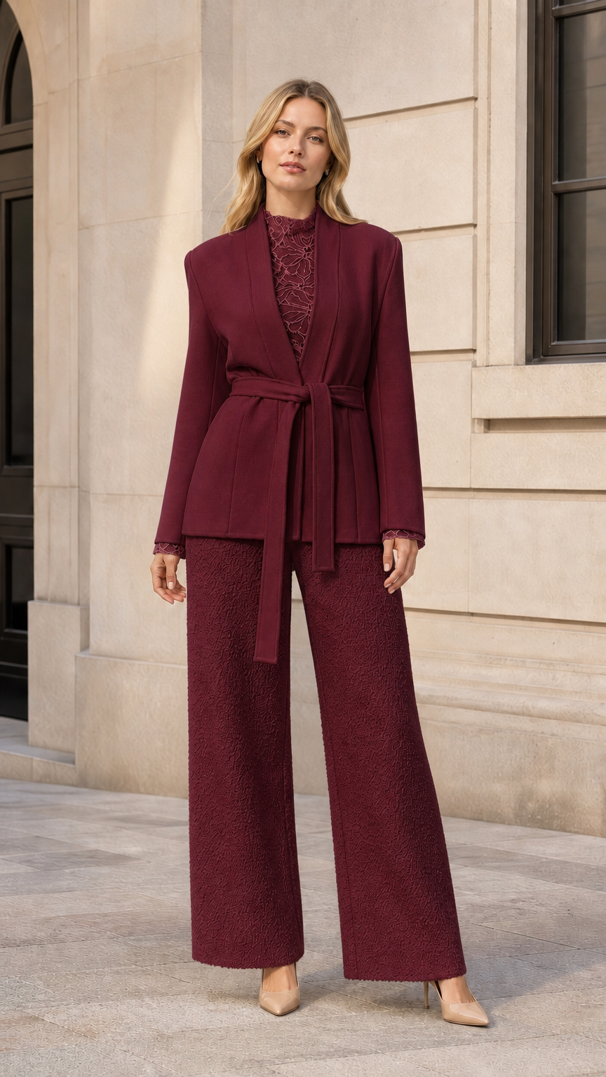 Front view of model wearing burgundy belted blazer jacket with matching trousers