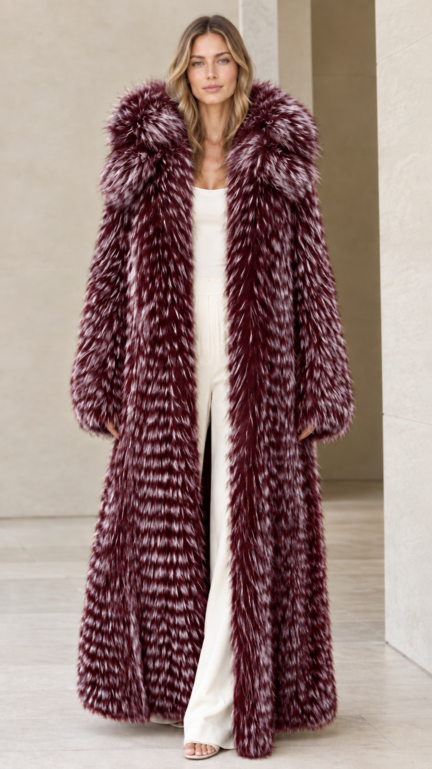 Front view of woman wearing burgundy wine full-length hooded faux fur coat