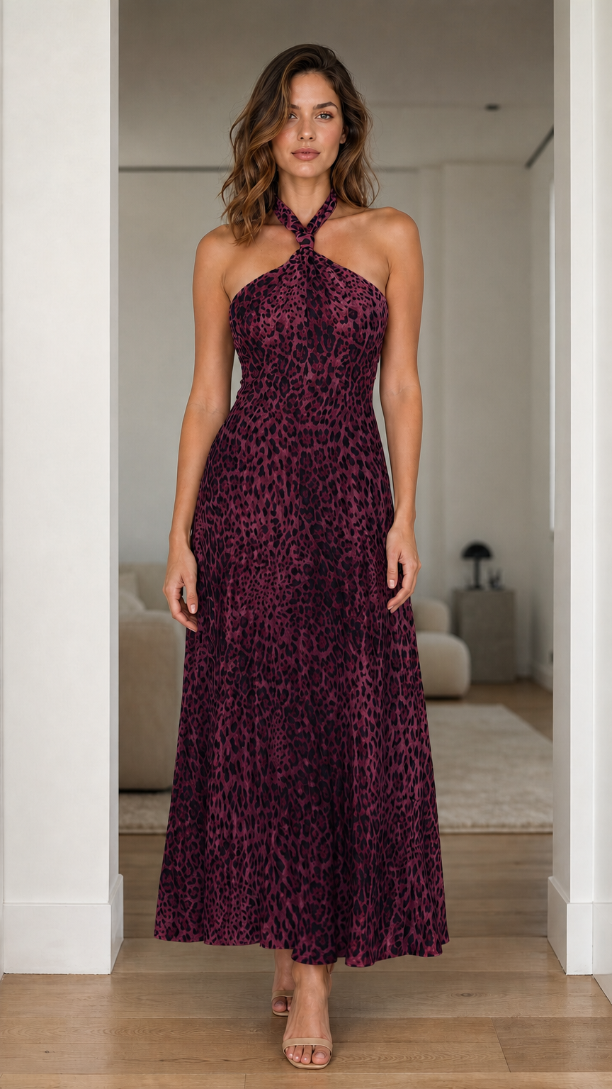 Model wearing burgundy variant of the leopard print maxi dress