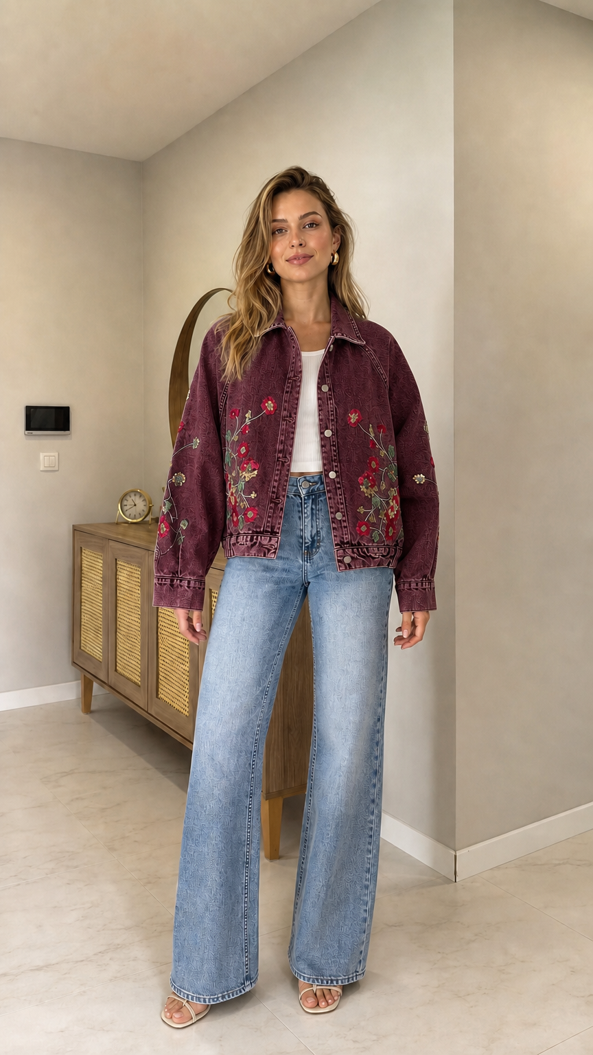 Full front view of woman wearing Burgundy floral embroidered denim jacket with denim pants