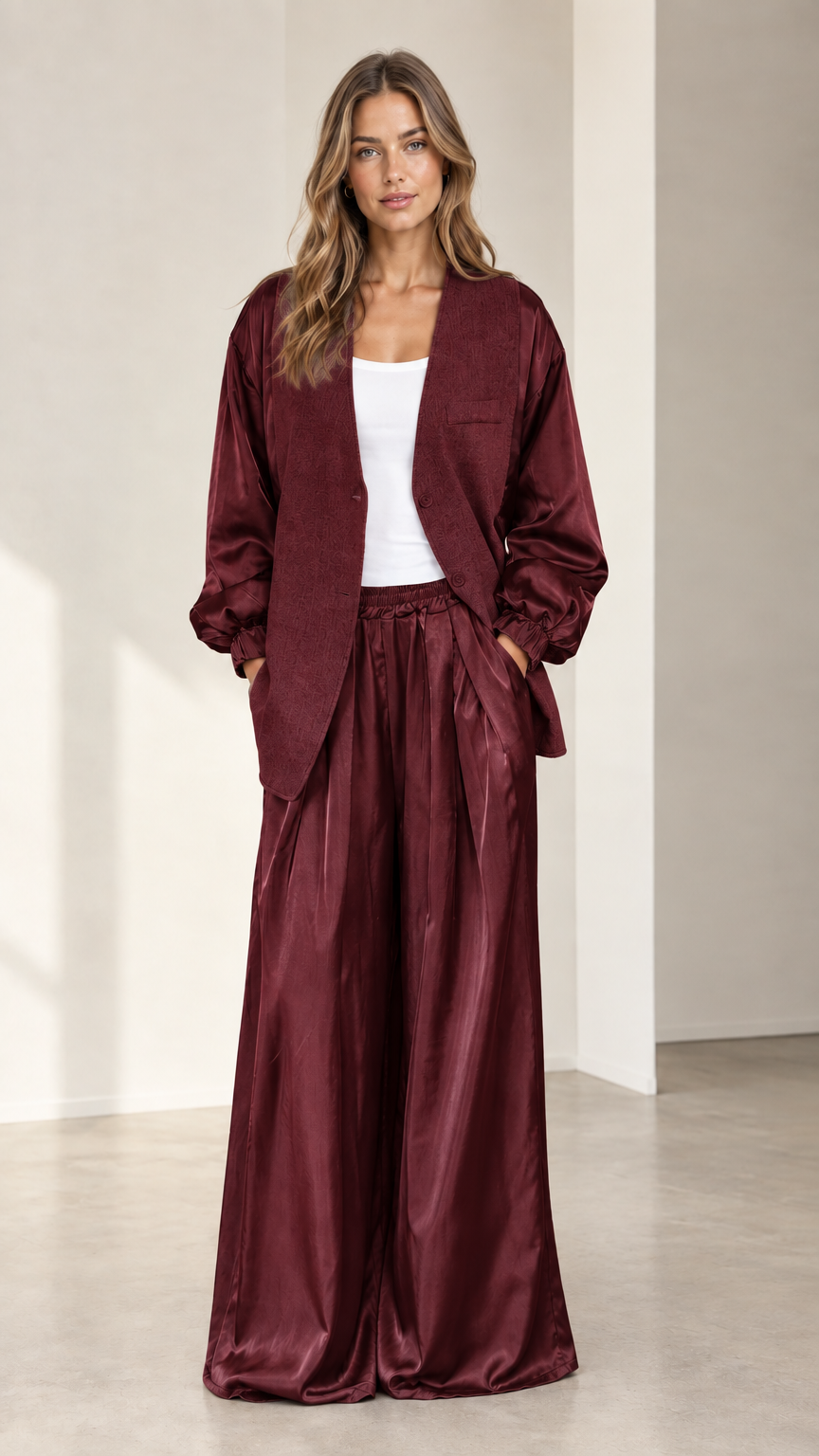 Front view of model wearing burgundy wine satin sleeve blazer and wide-leg trousers set