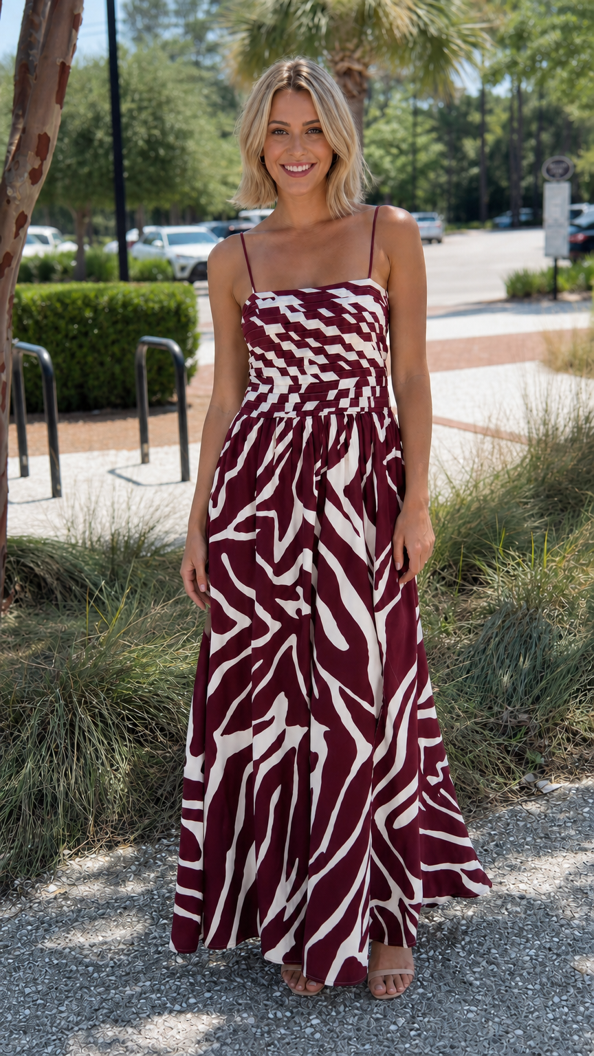 Front view of burgundy color variant on model