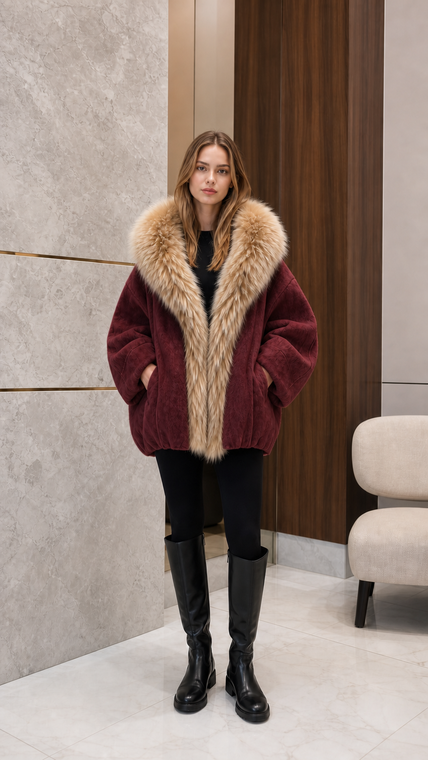 Front view of woman wearing burgundy red oversized faux fur collar jacket