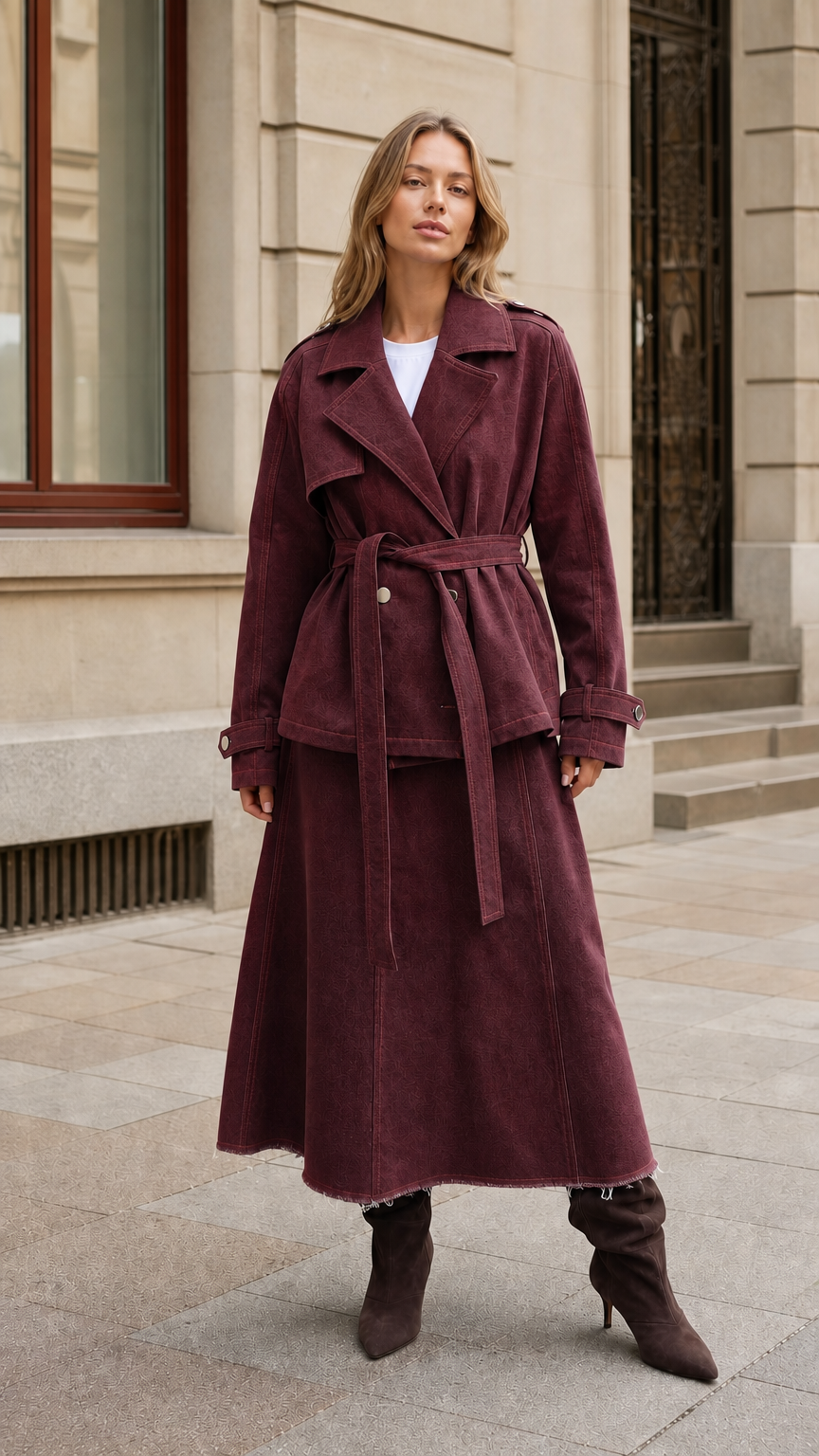 Woman wearing Burgundy wine belted trench jacket and raw hem skirt set