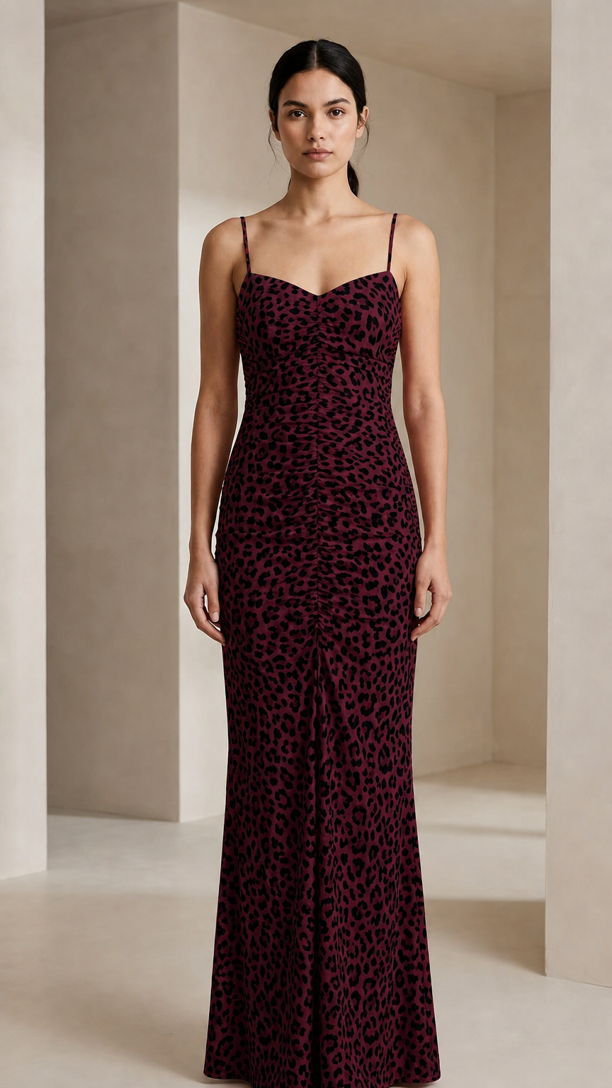 Front view of burgundy leopard print maxi dress