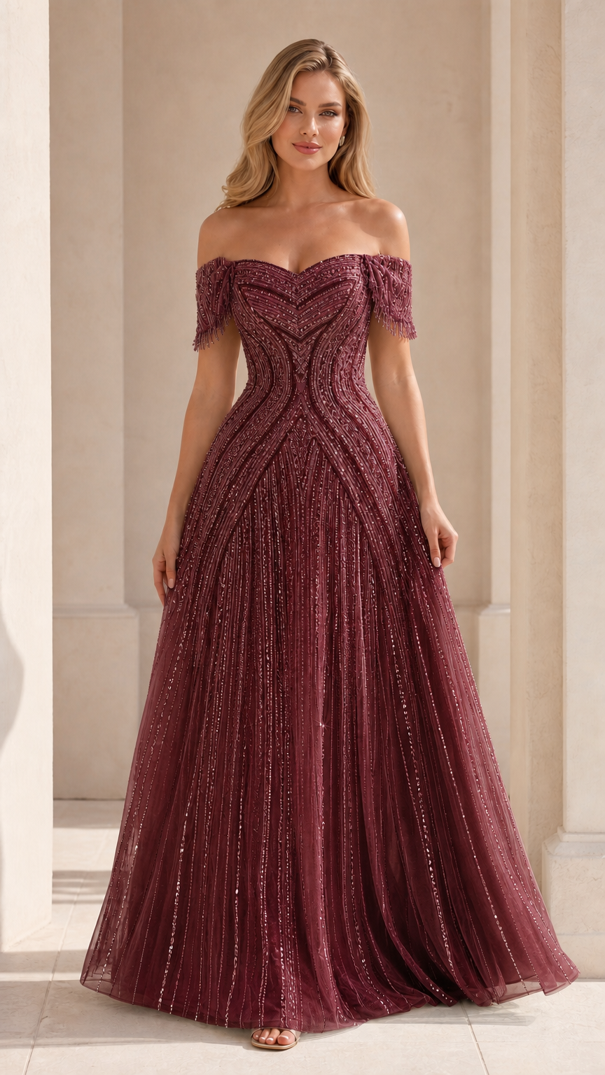 Burgundy variant of sequin embellished evening gown