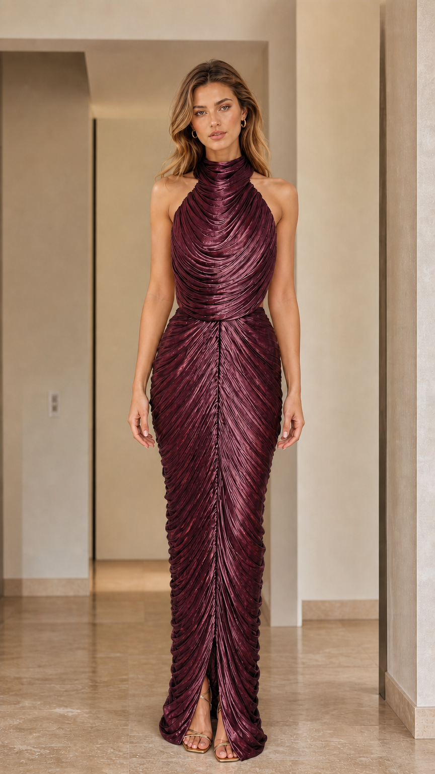 Front view of high neck pleated shimmer maxi dress in deep burgundy