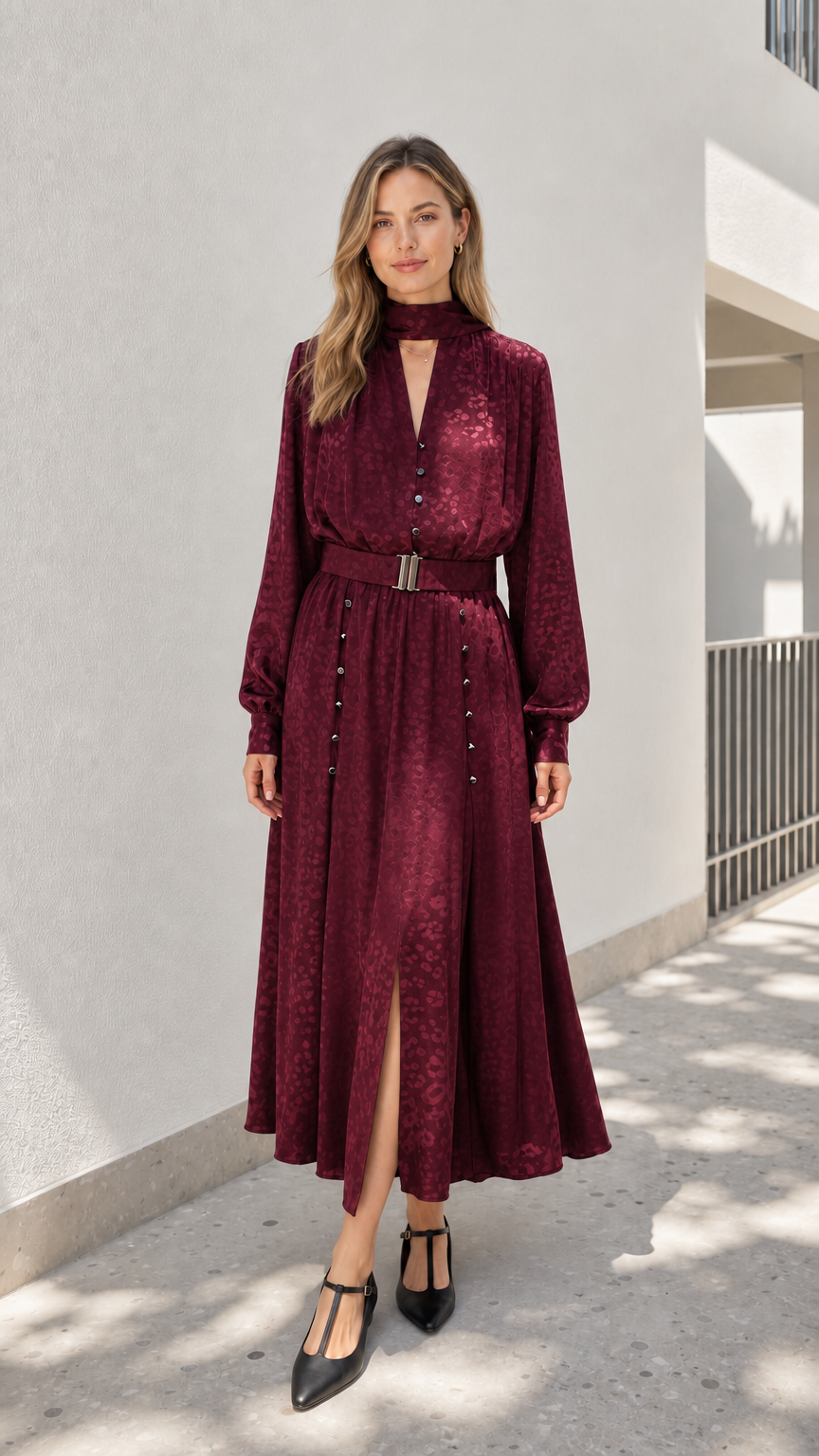 Model wearing burgundy mock neck midi dress