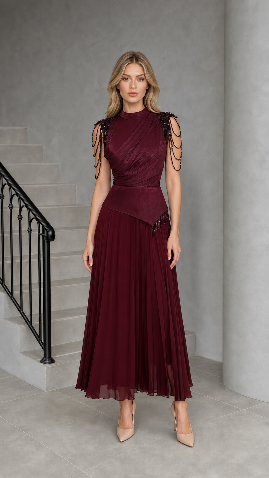 Burgundy Wine Mock Neck Beaded Fringe Pleated Maxi Dress