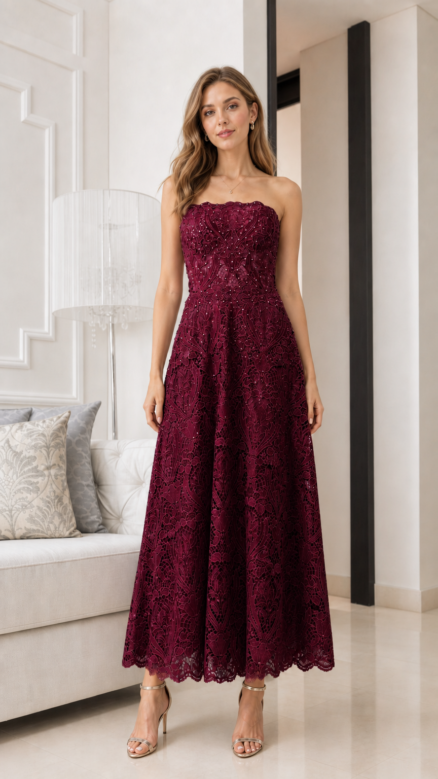Front view of model wearing burgundy strapless lace midi dress
