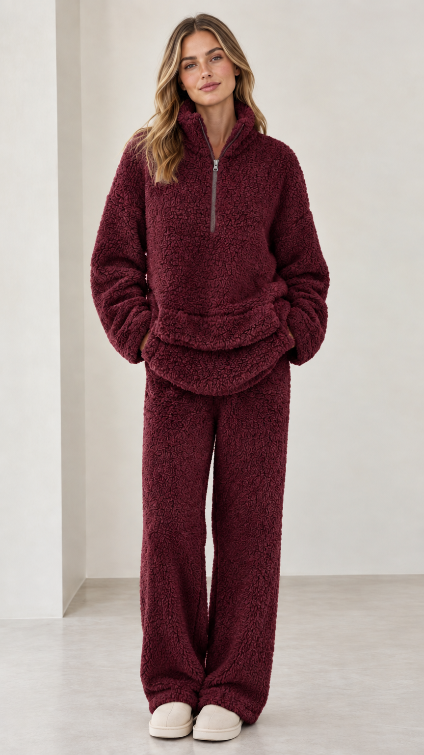 Model wearing burgundy wine red fleece pullover and matching pants set