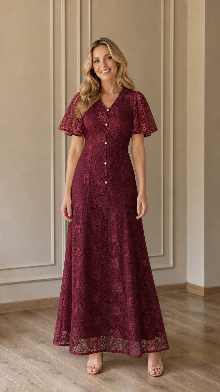 Front view of Burgundy lace maxi dress on model