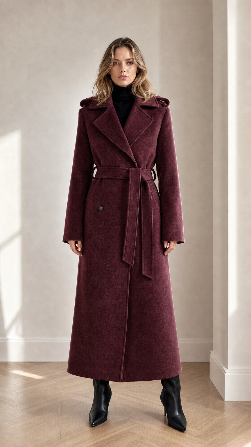 Front full-length view of woman wearing burgundy wine maxi belted trench coat