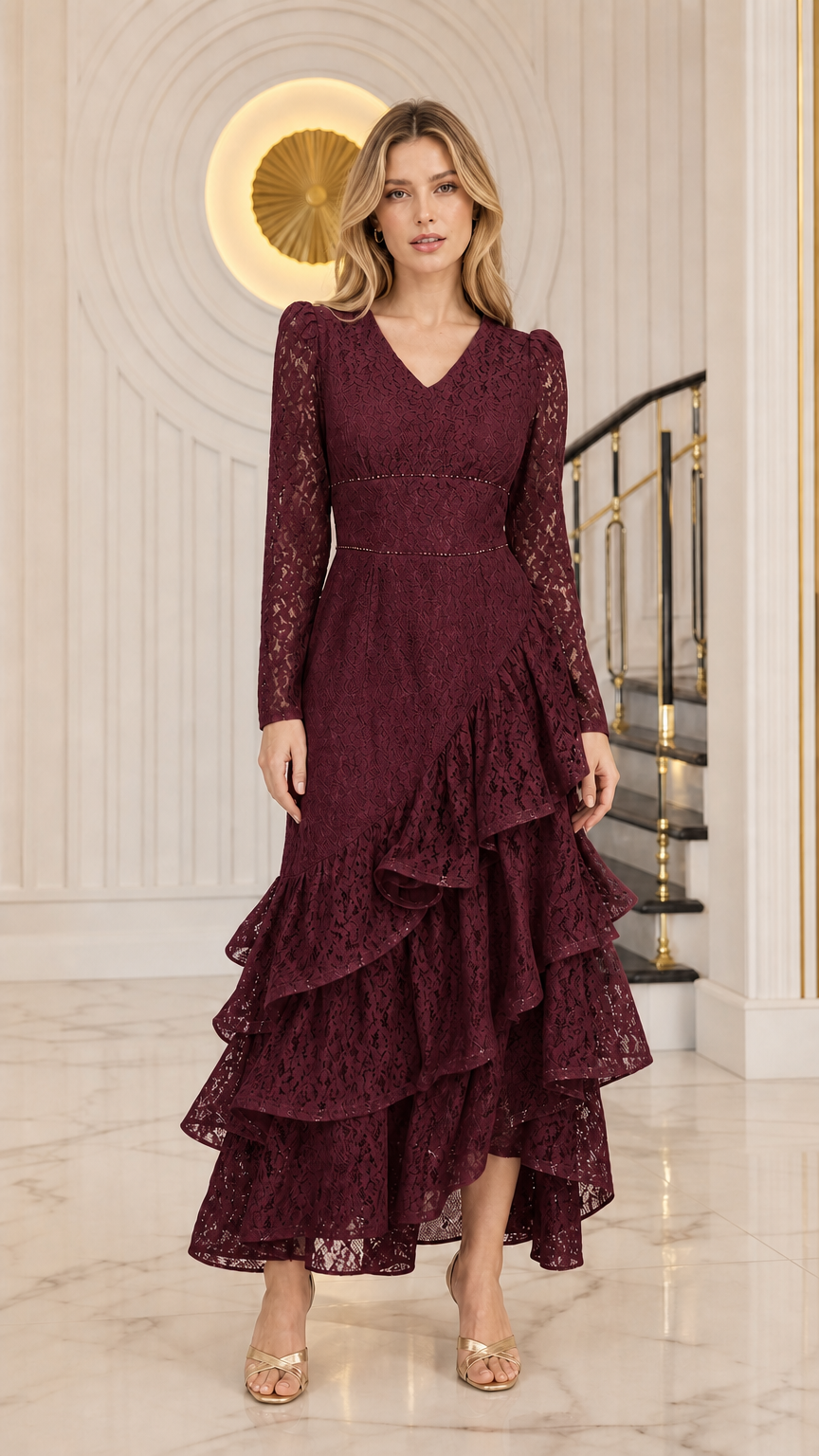 Model wearing the long sleeve tiered ruffle lace evening dress in burgundy