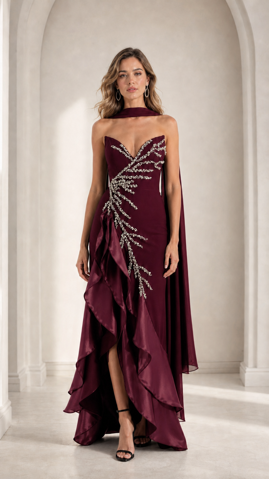 Burgundy wine red strapless beaded formal gown with ruffled skirt front view