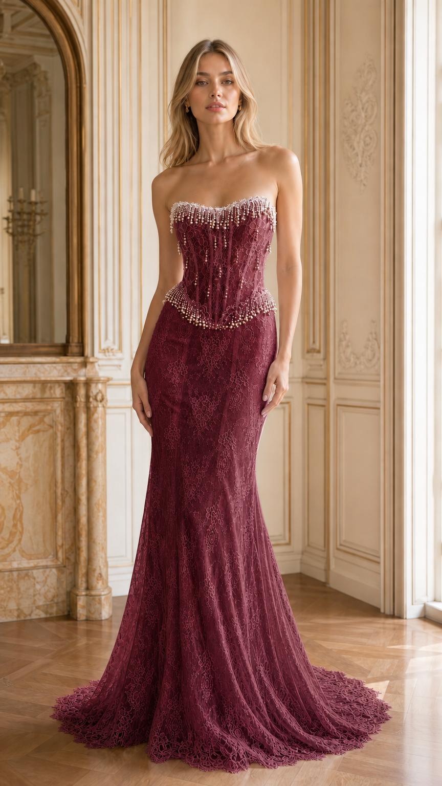 Front full-length view of burgundy strapless pearl beaded corset lace mermaid gown