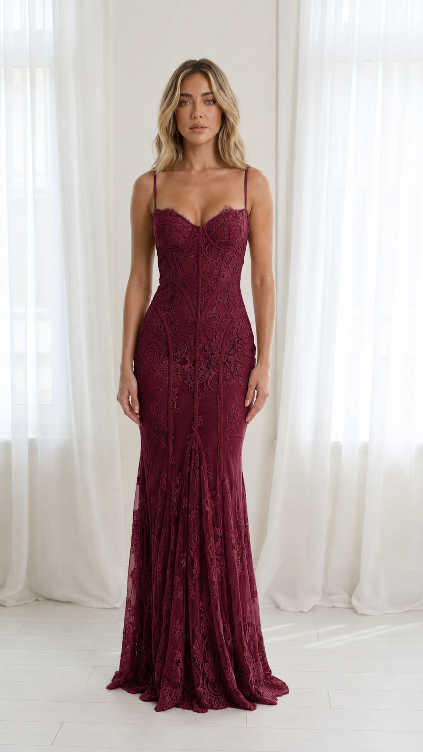 Front view of burgundy lace corset maxi dress