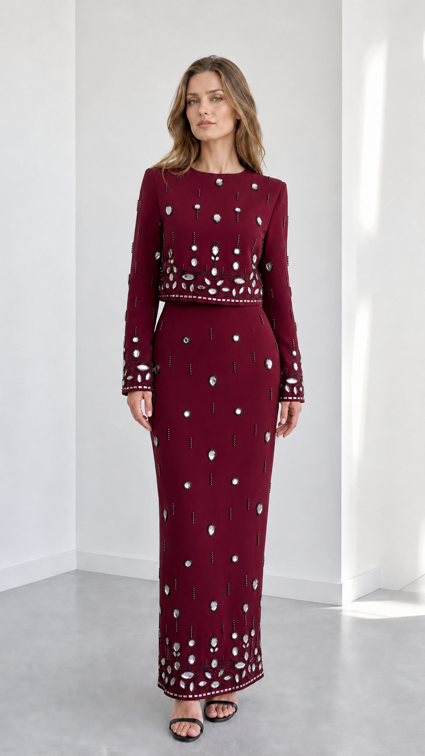 Burgundy wine red embellished long sleeve top and high-waisted maxi skirt set