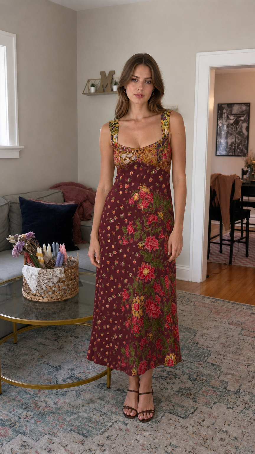 Front view of burgundy floral patchwork midi dress on model