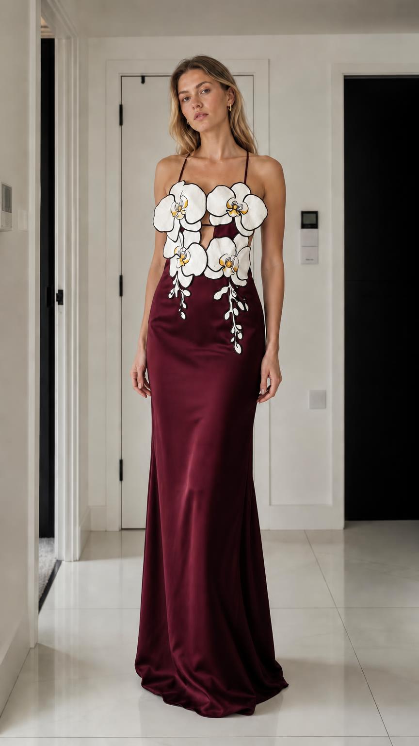 Elegance 3D Floral Applique Satin Maxi Dress in burgundy variant