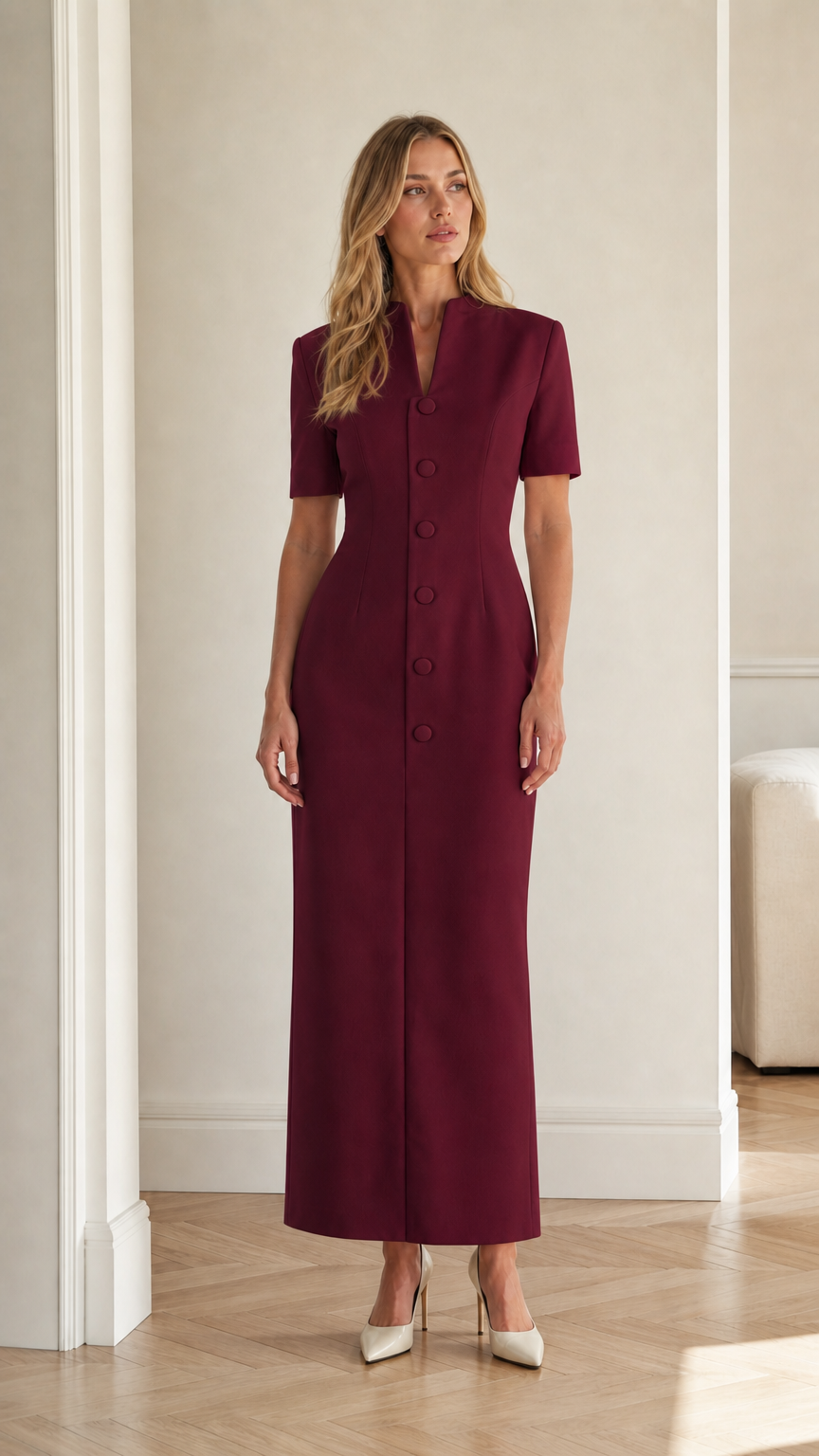 Front full view of burgundy short sleeve stand collar column maxi dress