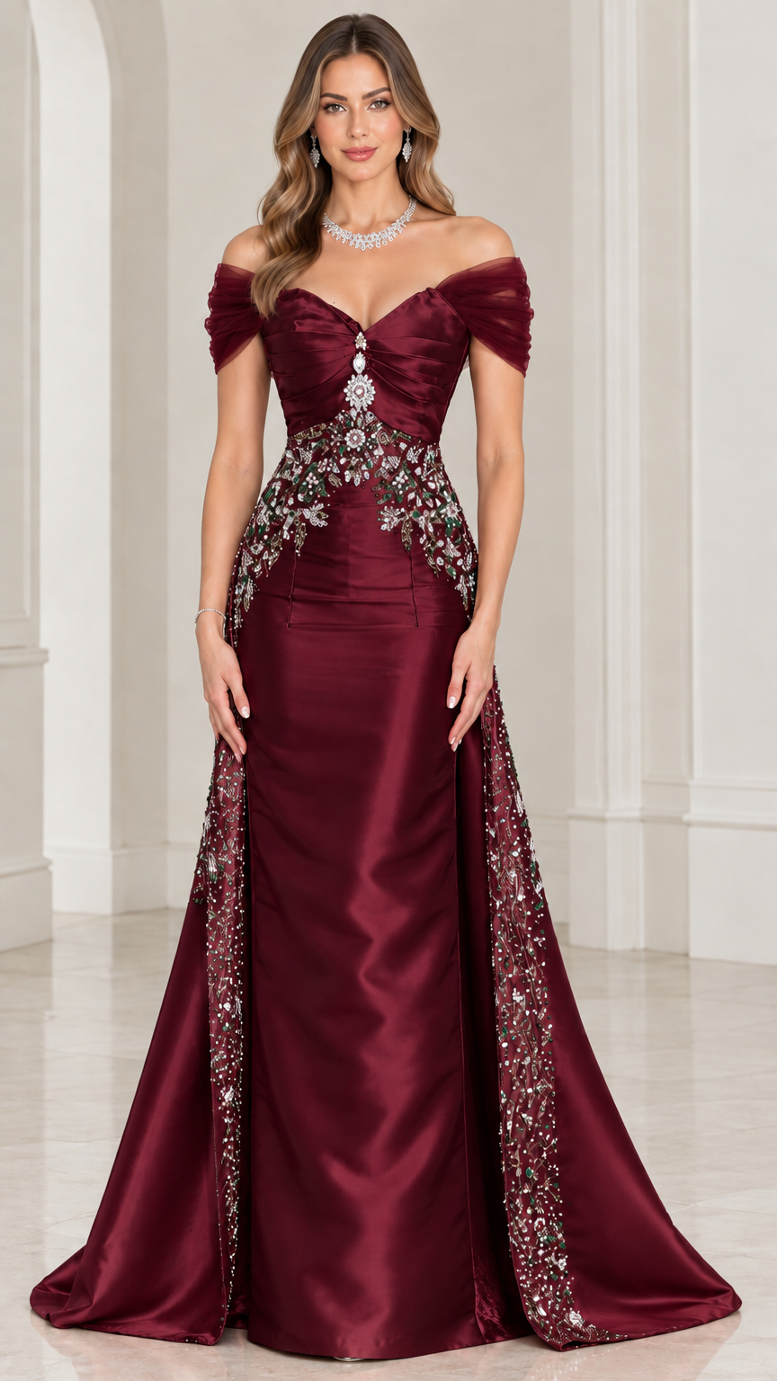 Front view of burgundy wine satin formal gown with beaded bodice embellishment