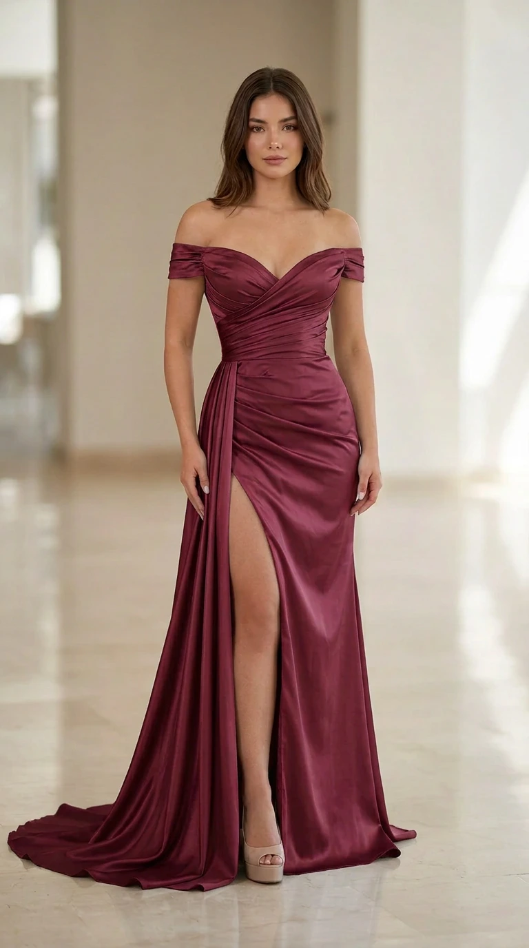 Front view of burgundy wine red off-the-shoulder satin evening gown