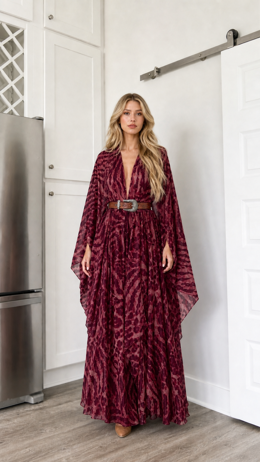 Woman wearing burgundy wine colored animal print kimono maxi dress