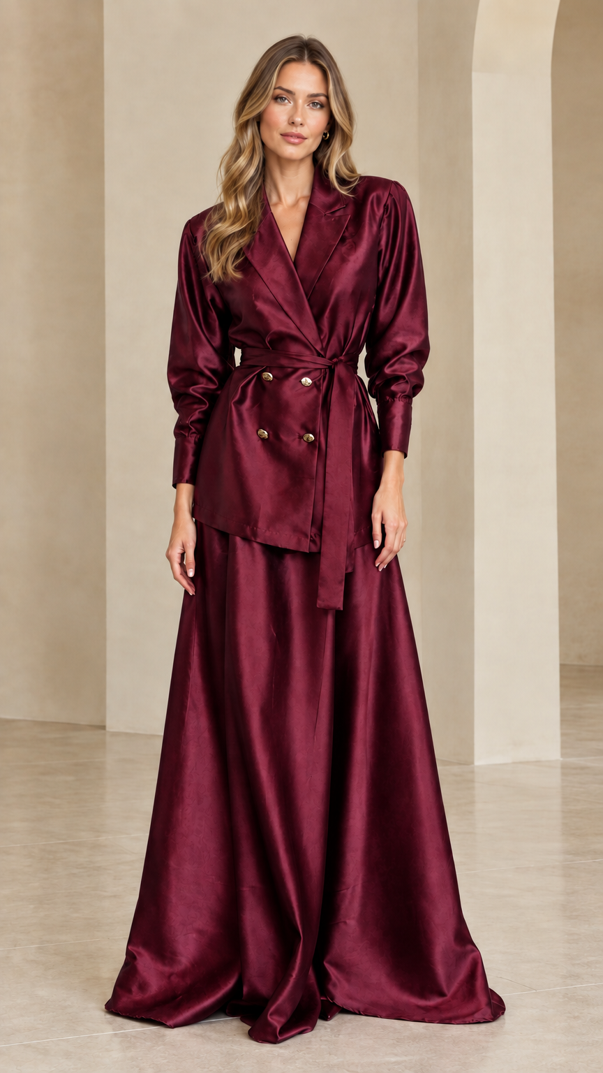 Woman wearing deep burgundy satin blazer and maxi skirt set