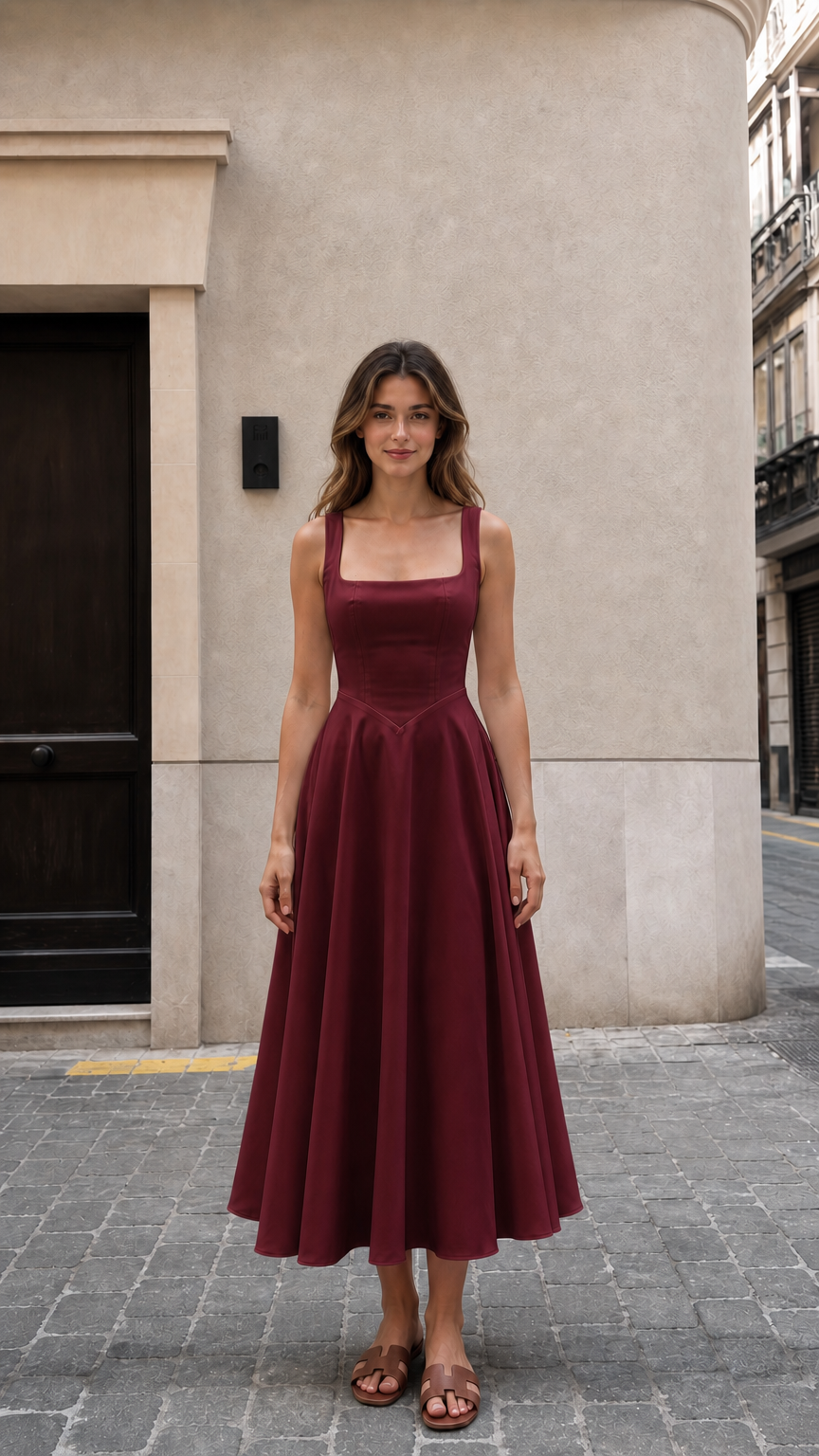Front view of woman wearing burgundy square neck midi dress