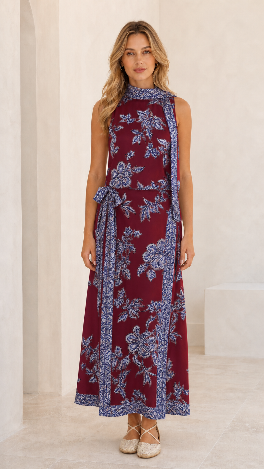 Front view of burgundy color variant with blue floral print