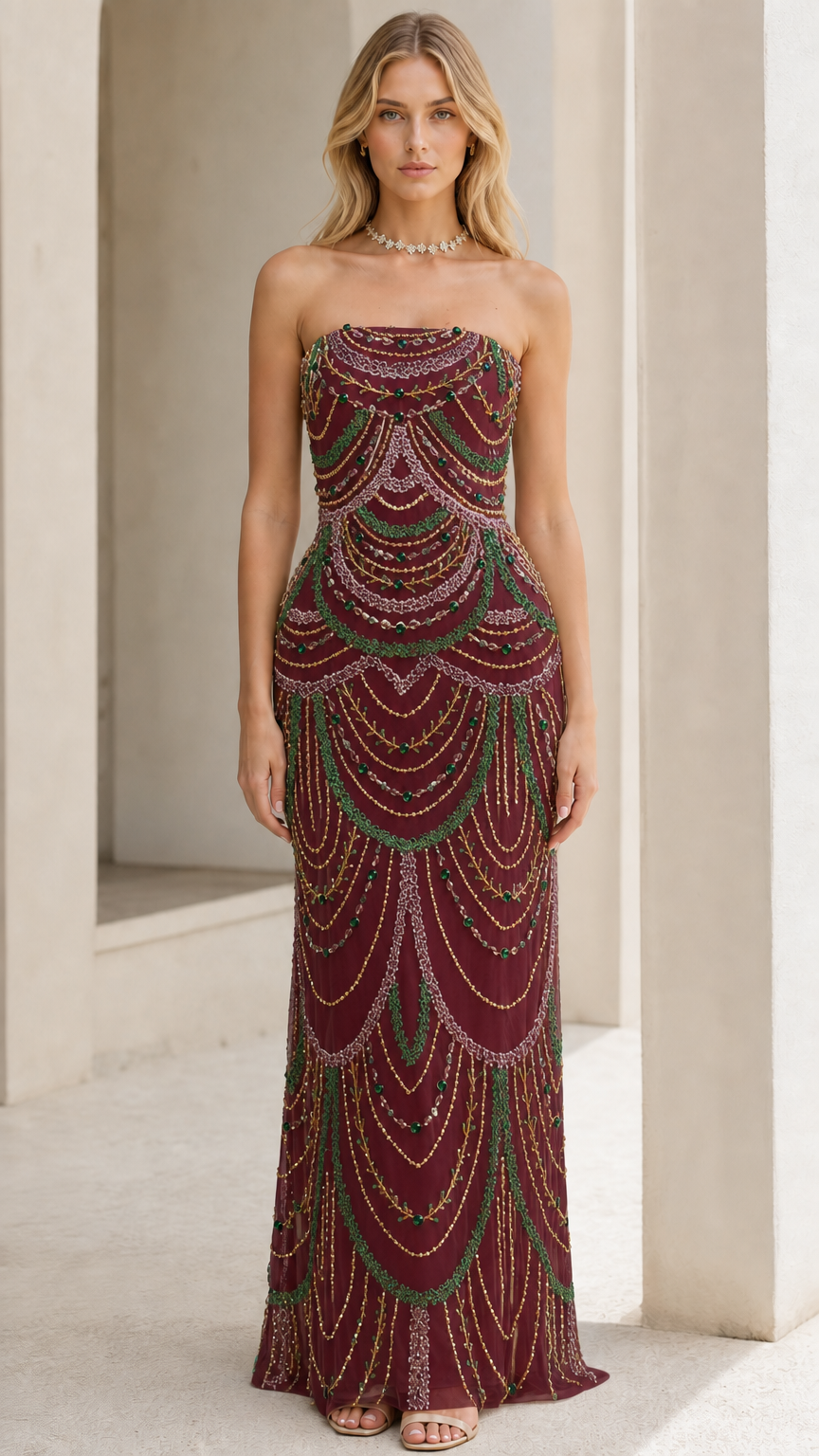 Front view of model wearing the burgundy beaded evening gown variant