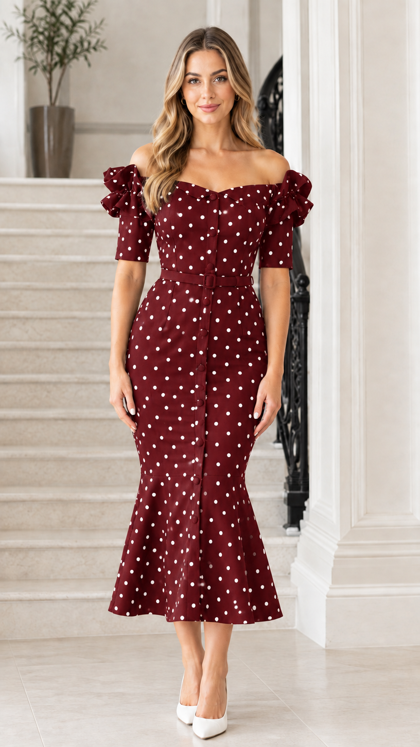Front view of burgundy red polka dot off-the-shoulder mermaid midi dress