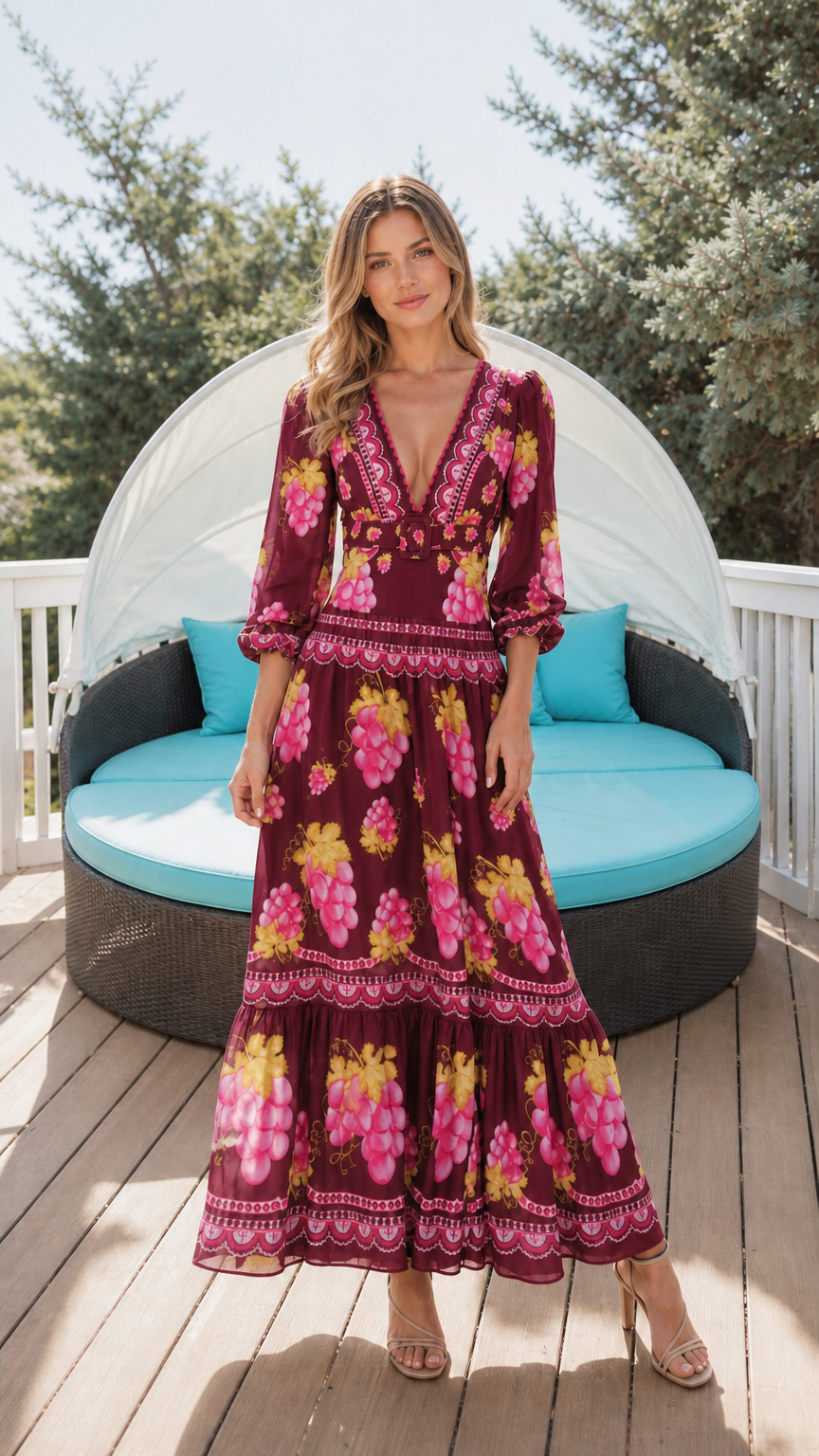 Woman wearing burgundy floral print maxi dress