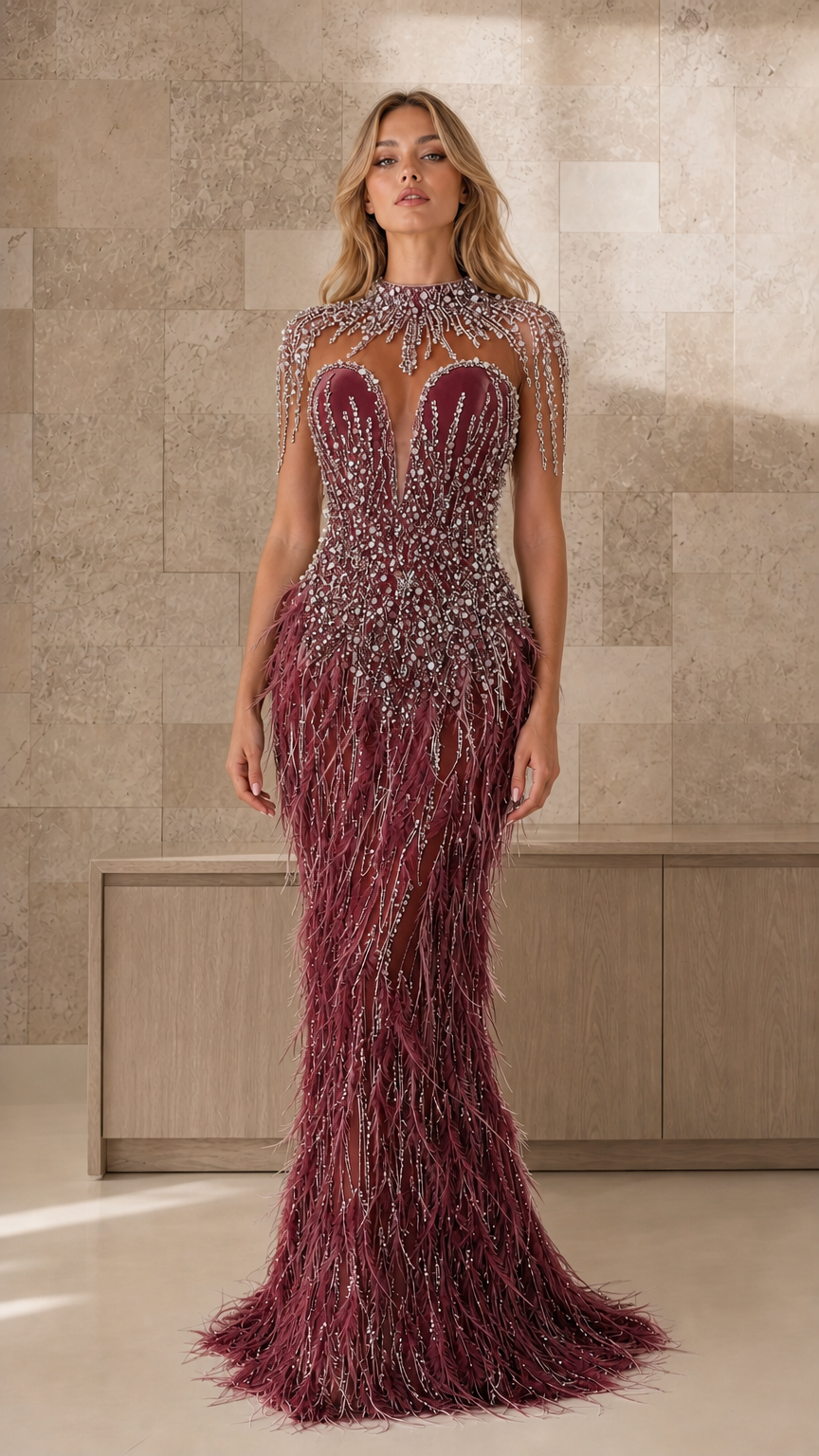 Front view of burgundy beaded illusion feather evening gown