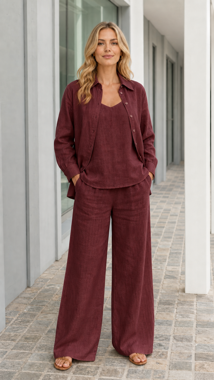 Woman wearing burgundy 3-piece linen style set