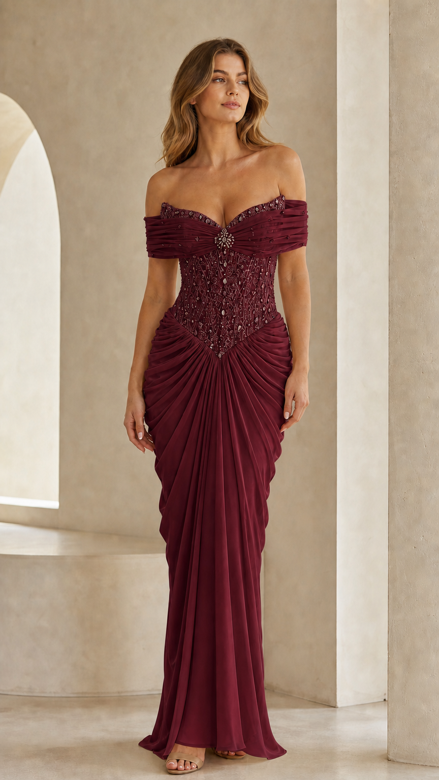 Full front view of burgundy off-the-shoulder beaded evening gown