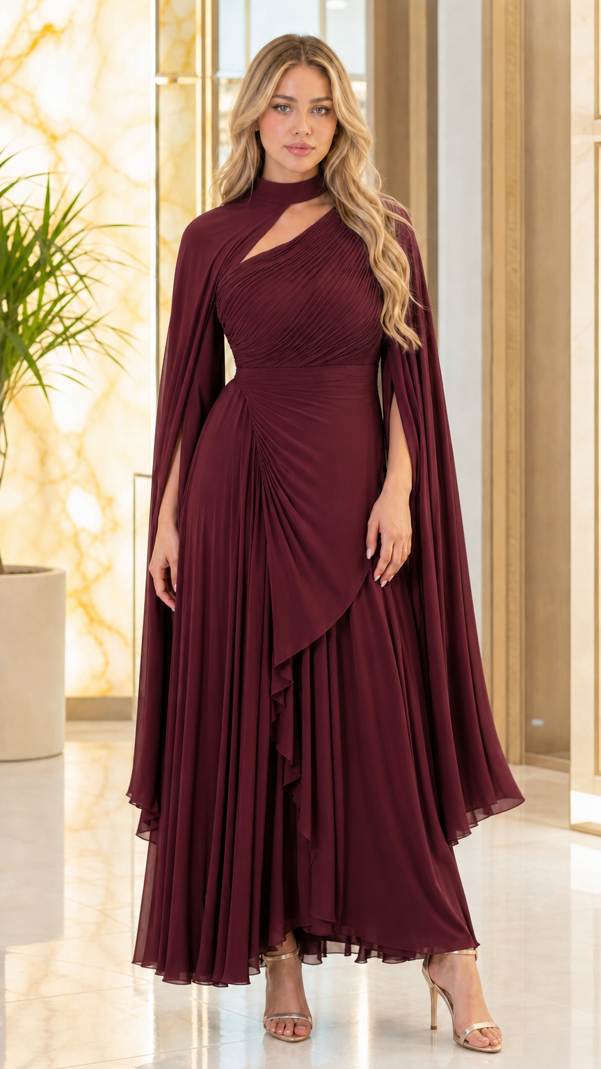 Front view of burgundy wine red pleated cape sleeve formal evening gown