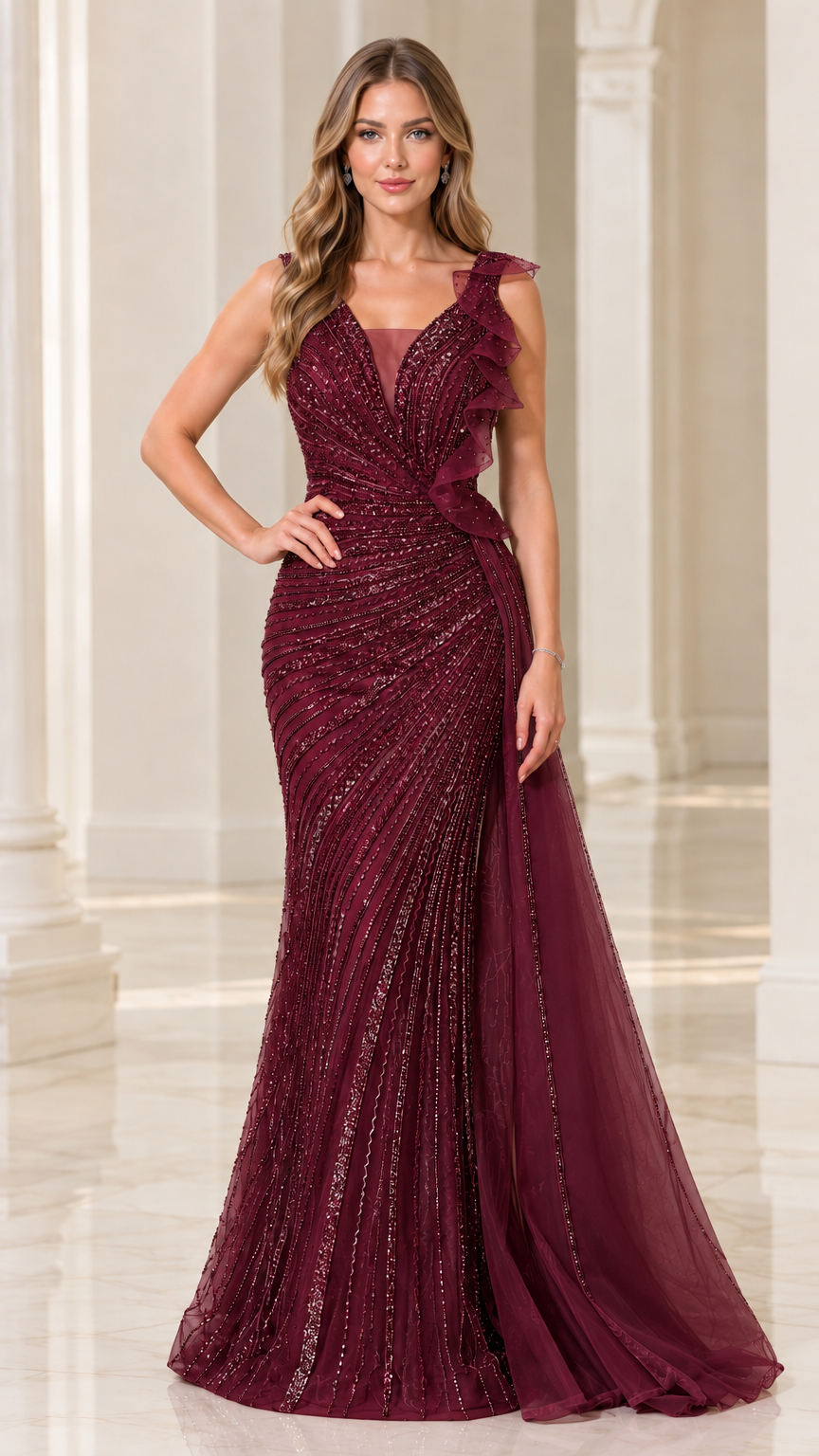 Burgundy wine beaded floor-length mermaid evening dress with side sash