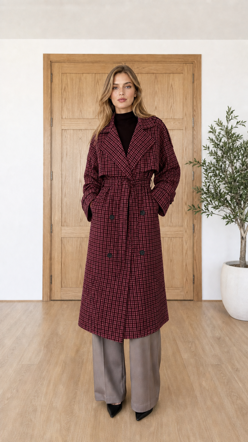 Woman wearing burgundy plaid trench coat over neutral trousers