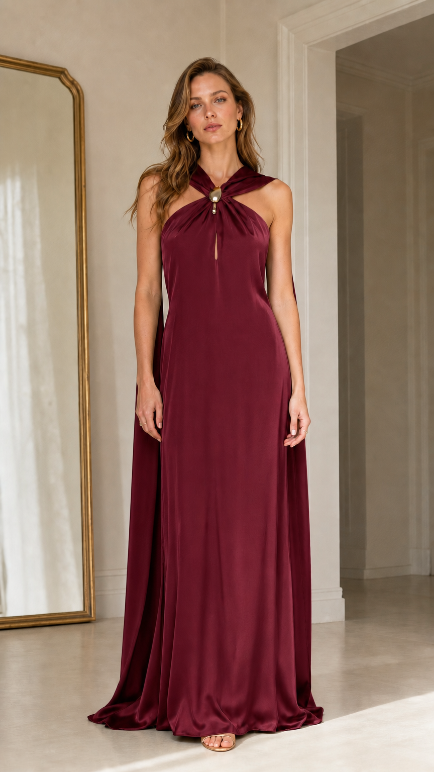 Front view of burgundy satin halter maxi dress