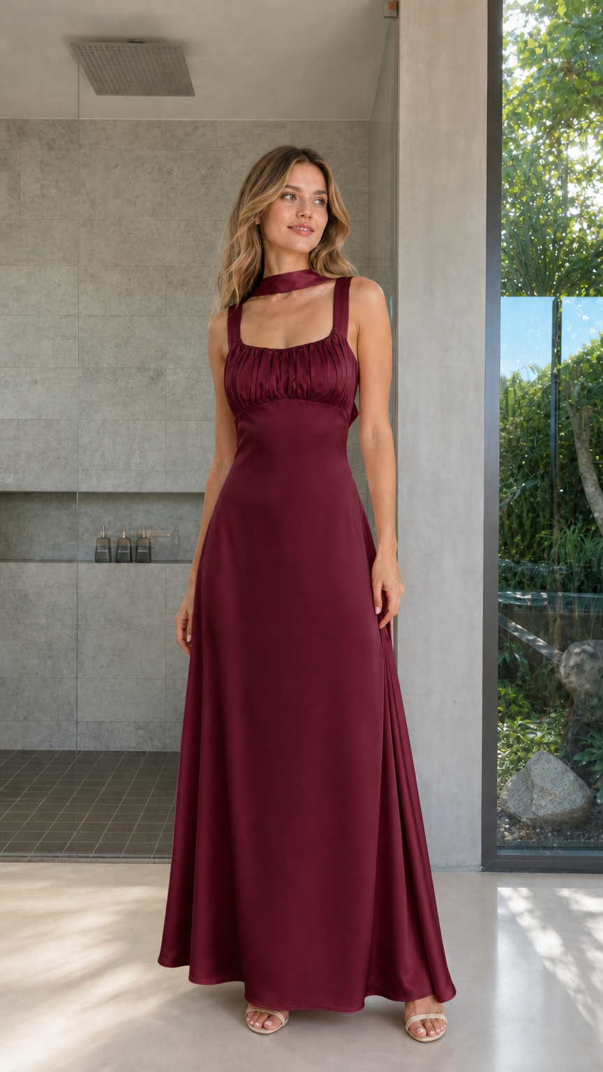 Model wearing Burgundy satin ruched bust maxi dress front view
