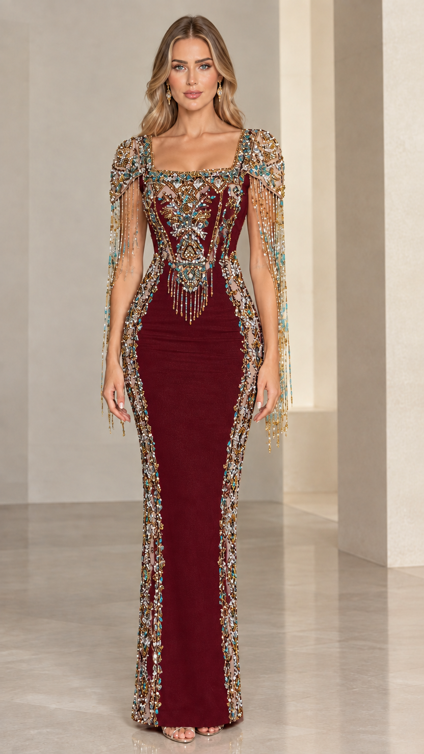 Front view of model wearing Burgundy embellished square neck evening gown with beaded fringe sleeves