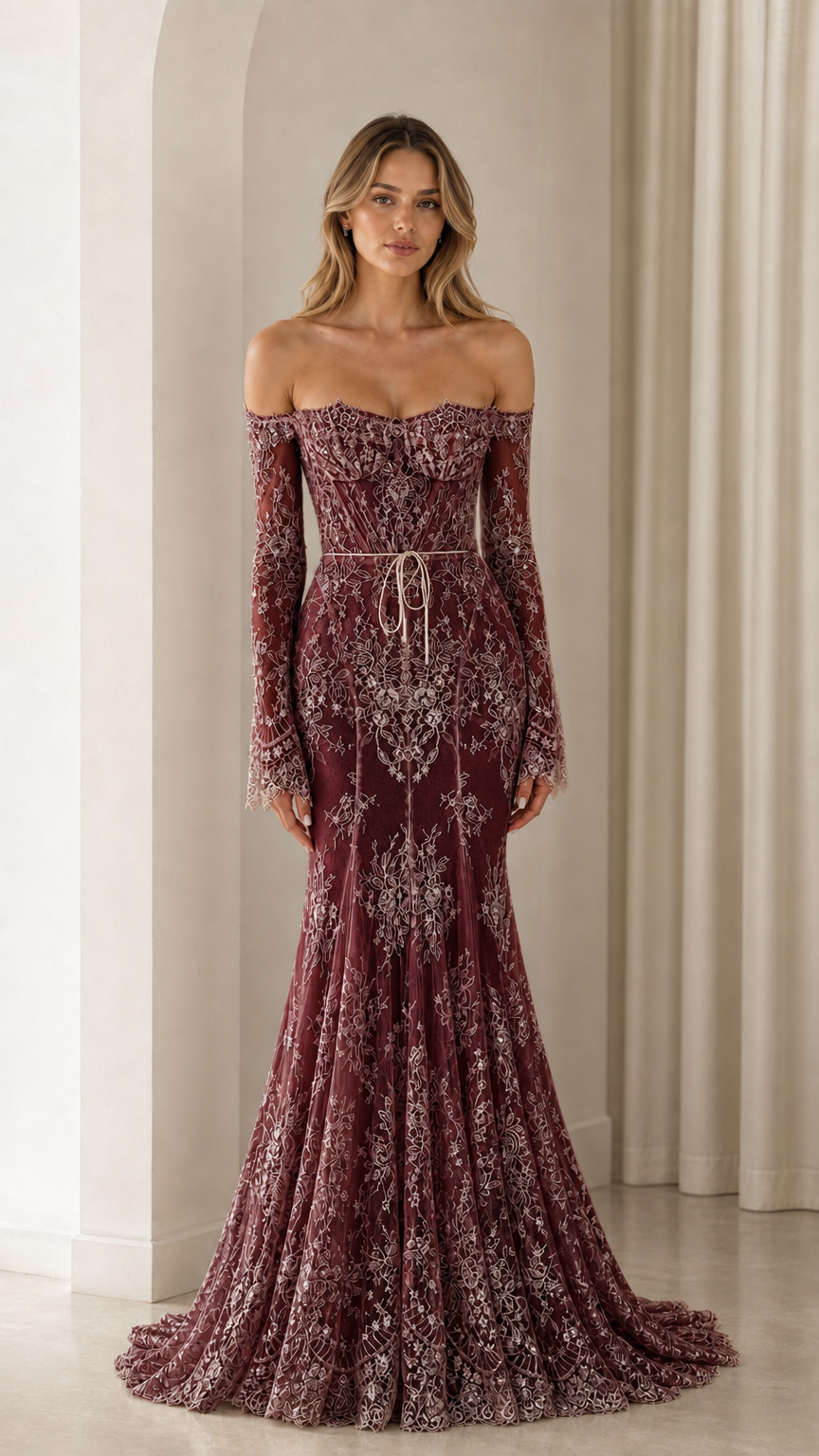Full-length view of Burgundy off-the-shoulder lace trumpet gown